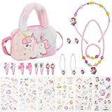 Newofview Einhorn Handtasche Schmuckset Für Mädchen,Inhörnern Kinderschmuck Halskette, Handtasche, Mädchen Armband, Ring, Haarspange, Einhorn Kleines Mädchen Rollenspiel Geburtstagsgeschenk