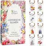 OwnGrown Blumensamen-Set - 8 Historische Blumen Samen Sorten - Mohnsamen, Akelei, Rittersporn, Glockenblumen, Strohblumen, Löwenmäulchen Pflanzenliebhaber und Blumenfreunde