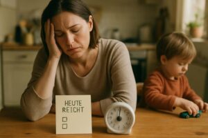 Alleinerziehende Mutter mit Mini-Checkliste und Timer an einem stressigen Tag