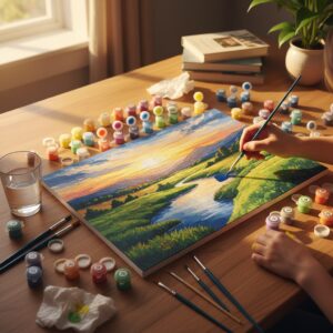 Familie malt gemeinsam ein Malen-nach-Zahlen-Bild am Küchentisch mit Pinseln und Farbtöpfen