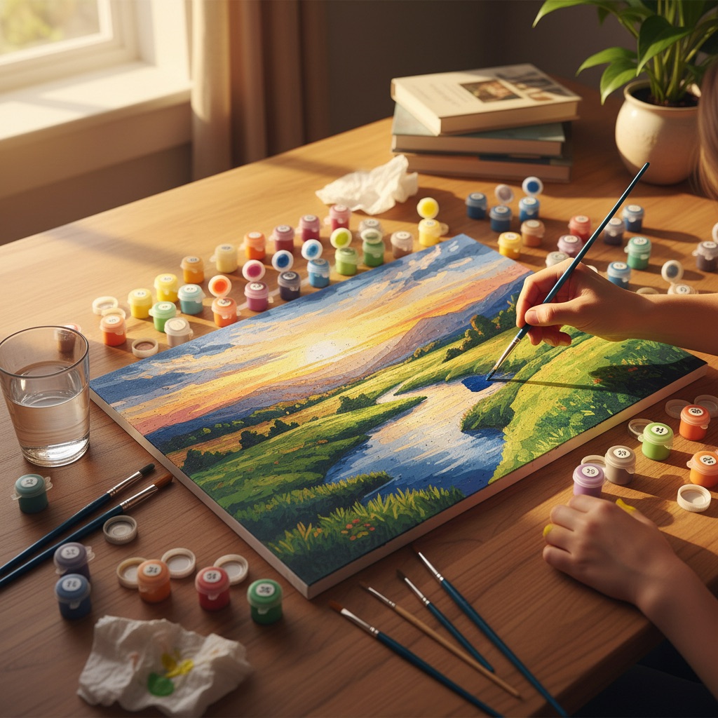 Familie malt gemeinsam ein Malen-nach-Zahlen-Bild am Küchentisch mit Pinseln und Farbtöpfen