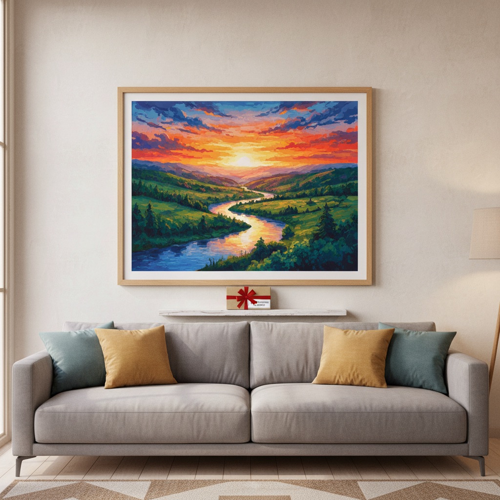 Gerahmtes fertiges Malen-nach-Zahlen-Bild an einer Wohnzimmerwand mit einem geschenkverpackten Set auf einem Regal darunter