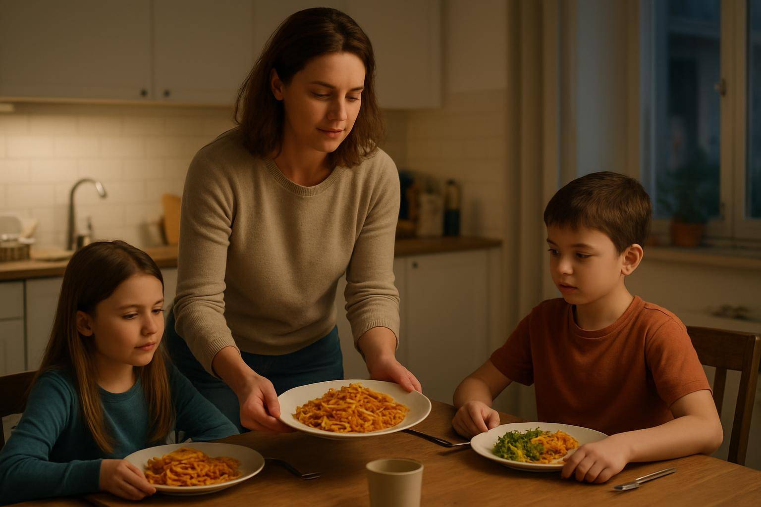 Alleinerziehende Frau serviert Abendessen ruhig und alltagstauglich am Tisch