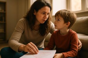 Alleinerziehende Frau und Kind sitzen zu Hause und wirken gemeinsam geborgen und stark.
