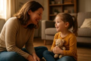 Alleinerziehende Mutter und Kind sitzen sich lachend auf Augenhöhe gegenüber und teilen Nähe