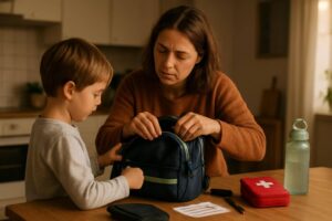 Alleinerziehende Mutter packt mit Kind den Schulrucksack für den Start