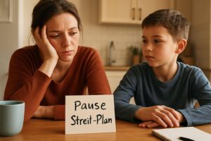 Alleinerziehende Mutter und Kind im warmen Licht: ein „Pause“-Plan gegen Streit