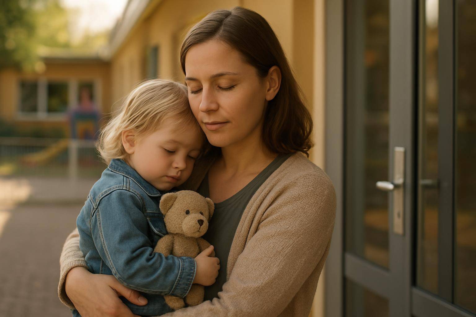 Alleinerziehende verabschiedet ihr Kind am Kita-Eingang mit Kuscheltier und ruhiger Routine