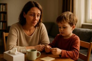 Alleinerziehende Mutter mit Kind im warmen Licht, kurz erschöpft aber liebevoll