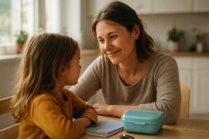 Alleinerziehende Mutter mit Kind am Küchentisch, warmes Licht, müdes aber liebevolles Lächeln statt Perfektion.