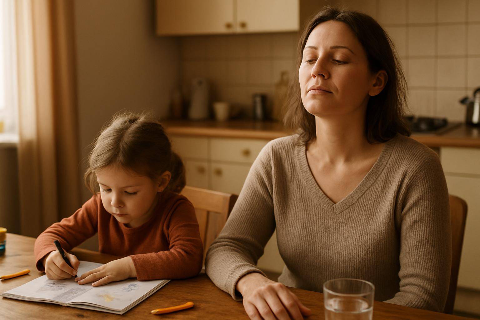 Mutter mit Kind in der Küche, um Stress mit einem kleinen Reset zu beruhigen