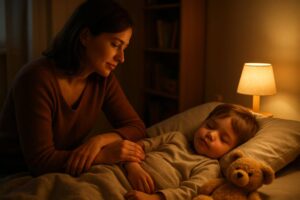 Mutter und Kind im abendlichen Kinderzimmer: ruhige Abendroutine fürs Einschlafen