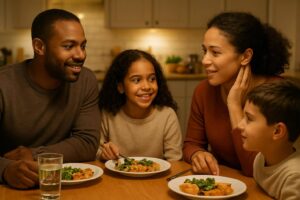 Familie beim entspannten Abendessen mit warmem Licht und freundlicher Stimmung