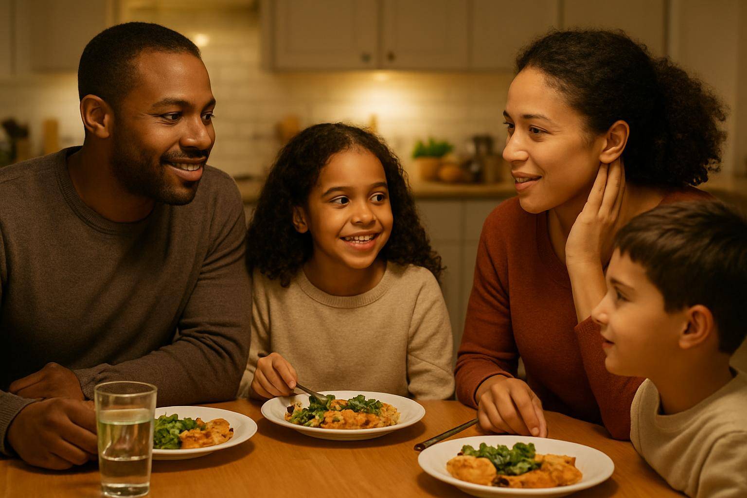 Familie beim entspannten Abendessen mit warmem Licht und freundlicher Stimmung