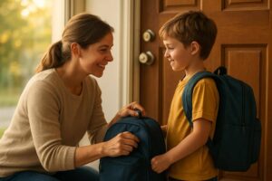 Mutter hilft ihrem Kind beim Schulstart mit der Schultasche und einem ruhigen Morgenblick.