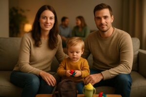 Eltern mit Kind beim entspannten Familienbesuch, bereit für Pausen und Snacks
