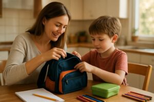 Mutter hilft ihrem Kind beim Schulstart beim Sortieren der Schulsachen.